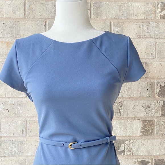 Express Blue Stretch Crepe Belted Cap Sleeve Dress - Picture 3 of 14
